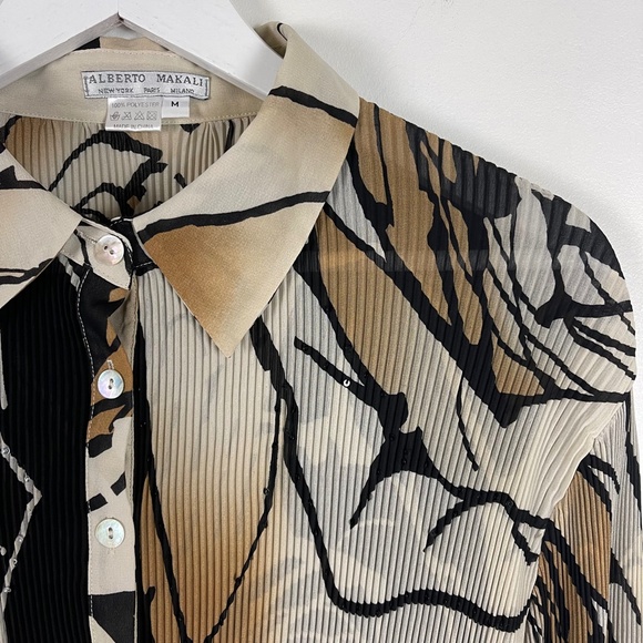 Vintage Black & Tan Print Pleated Blouse Medium - Picture 5 of 7